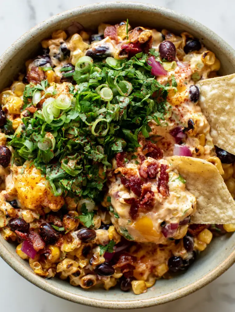 Cowboy Corn Dip: The Ultimate Creamy Charred Corn and Bacon Appetizer 2 Close-up of golden charred corn kernels and crispy bacon bits for Cowboy Corn Dip.