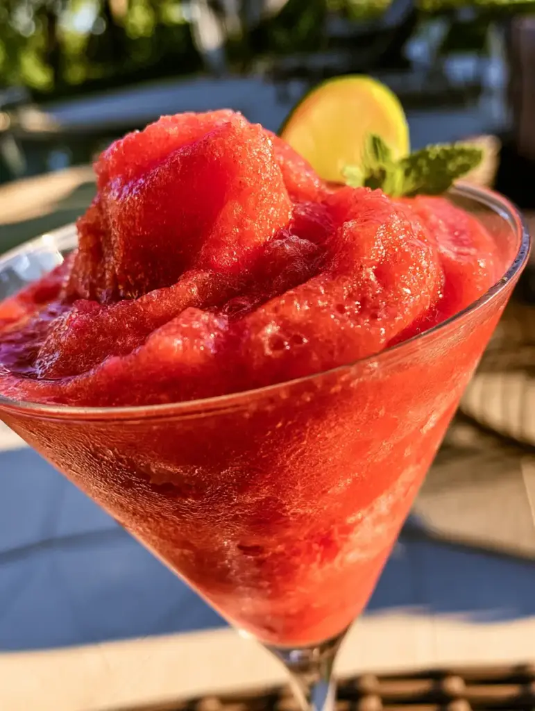 Alcoholic Slushies: The Ultimate Peach and Strawberry Rosé Wine Slushie 2 Close up of micro-crystalline texture of alcoholic slushies with condensation beads on the glass.