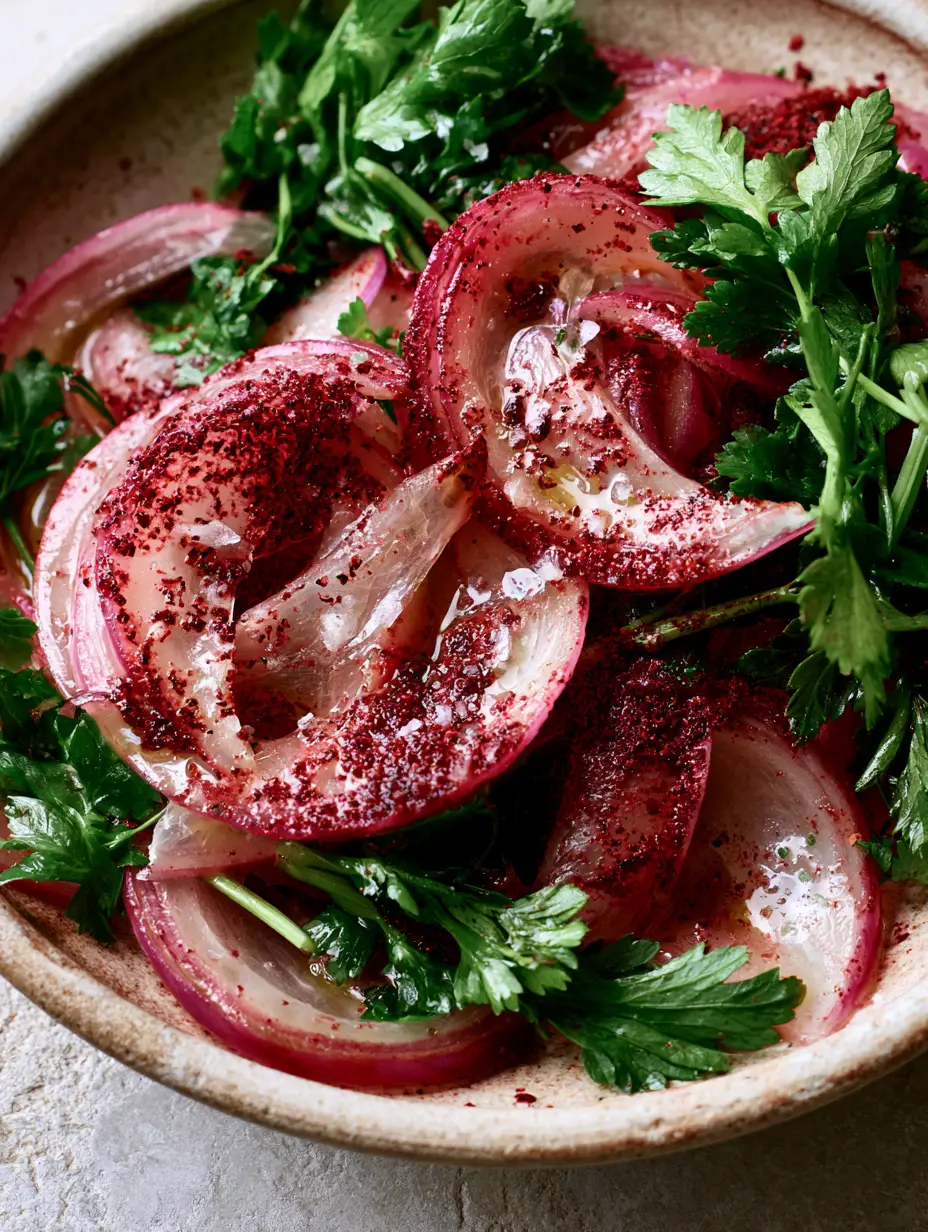 Close up of translucent sliced red onions being rubbed with salt for a Turkish onion salad.