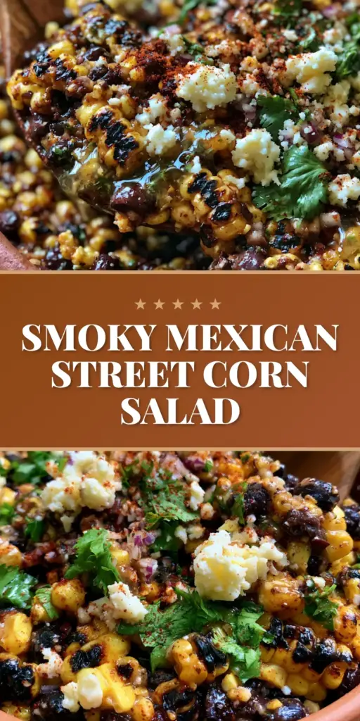 A vertical Pinterest-optimized shot of a Charred Corn and Black Bean Salad in a terracotta bowl with a wooden spoon, featuring blackened corn and white cotija cheese.