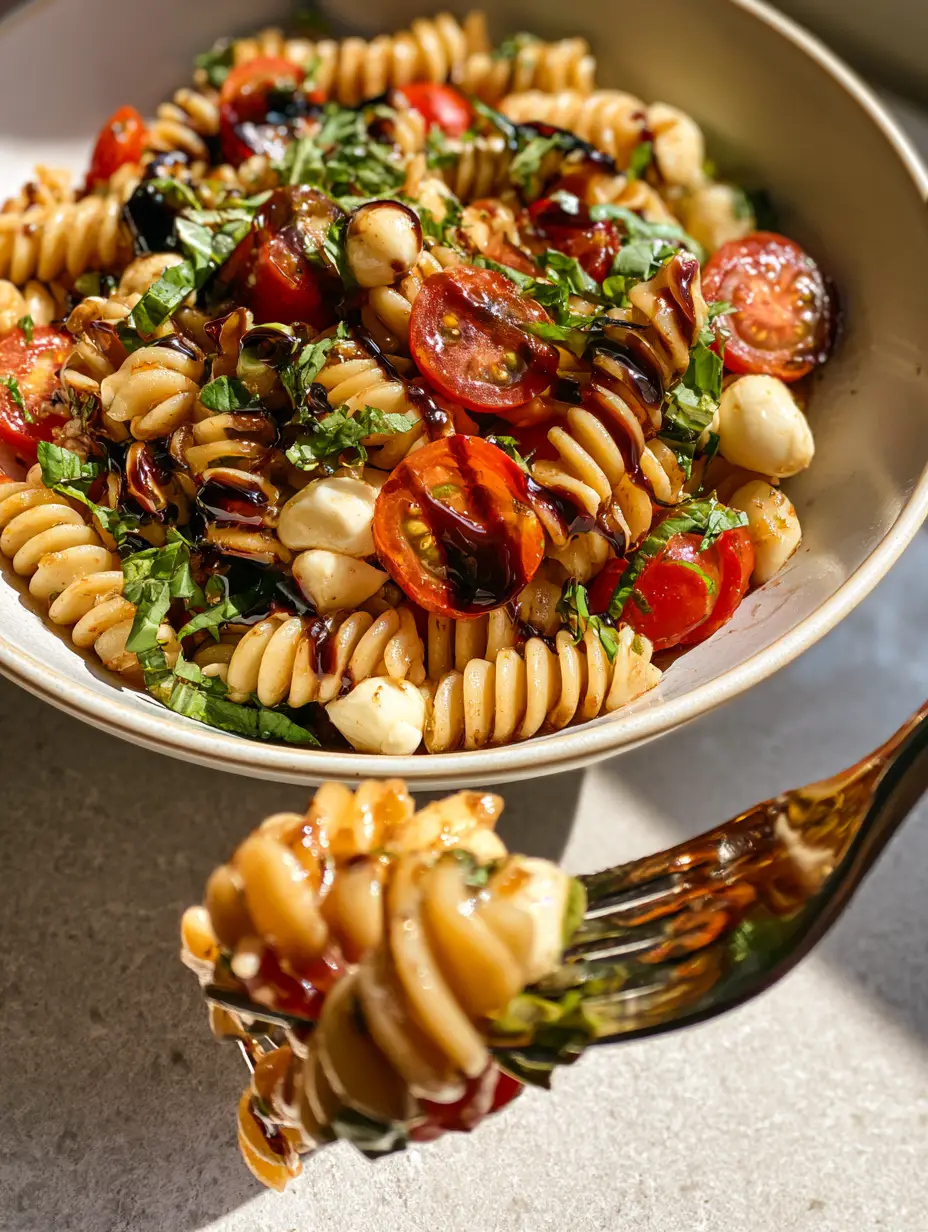 Macro close-up of a fork lifting a rotini spiral, a cherry tomato half, and a basil ribbon from a Bruschetta Pasta Salad.