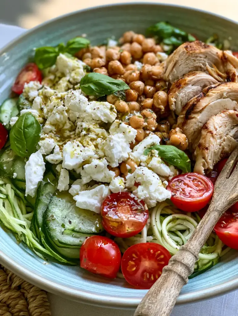 A silver fork lifting a bite of cucumber, chickpea, and feta from a glossy salad. (Summer Salad Recipes)
