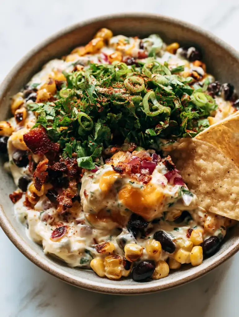 Cowboy Corn Dip: The Ultimate Creamy Charred Corn and Bacon Appetizer 1 A large bowl of creamy Cowboy Corn Dip being mixed with a silicone spatula.