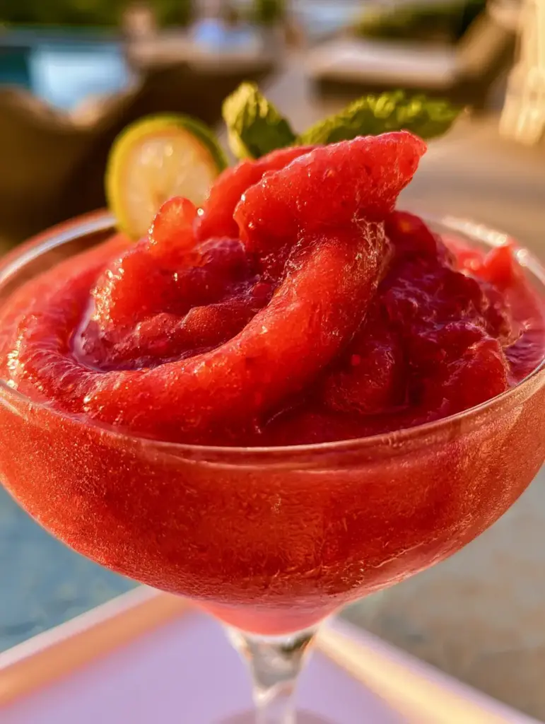 Alcoholic Slushies: The Ultimate Peach and Strawberry Rosé Wine Slushie 1 Pouring a vibrant pink and orange alcoholic slushie into a high-end glass with a granulated sugar rim.