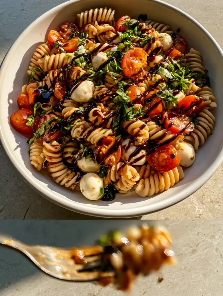 Bruschetta Pasta Salad served on a neutral grey stone countertop with natural side lighting.