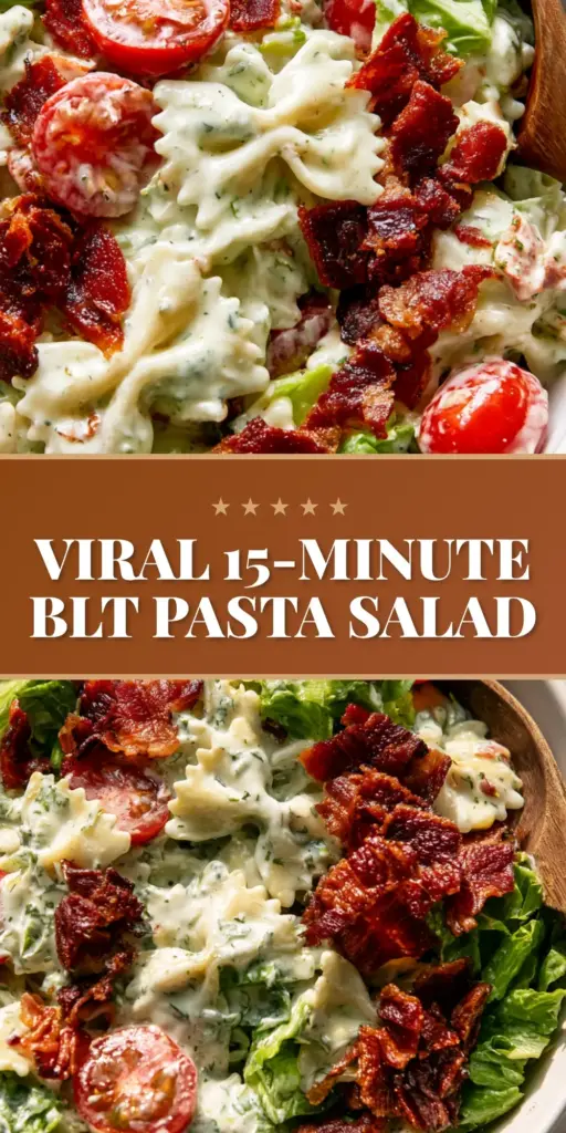 Top-down view of a creamy BLT pasta salad in a white ceramic bowl featuring farfalle, dark amber bacon, and halved cherry tomatoes. (BLT pasta salad)