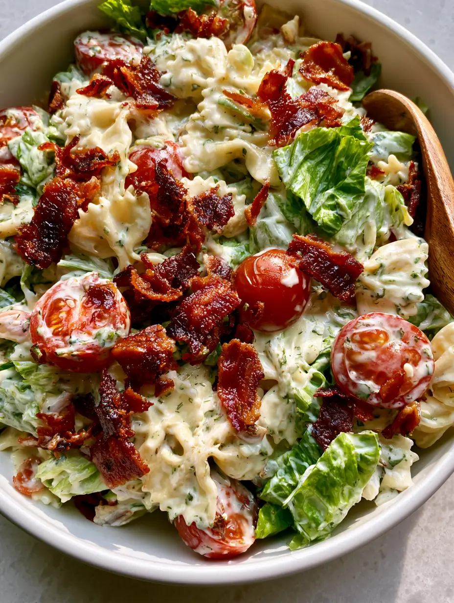 Close-up of herb-flecked creamy buttermilk dressing being tossed with farfalle pasta and cherry tomatoes. (BLT pasta salad)