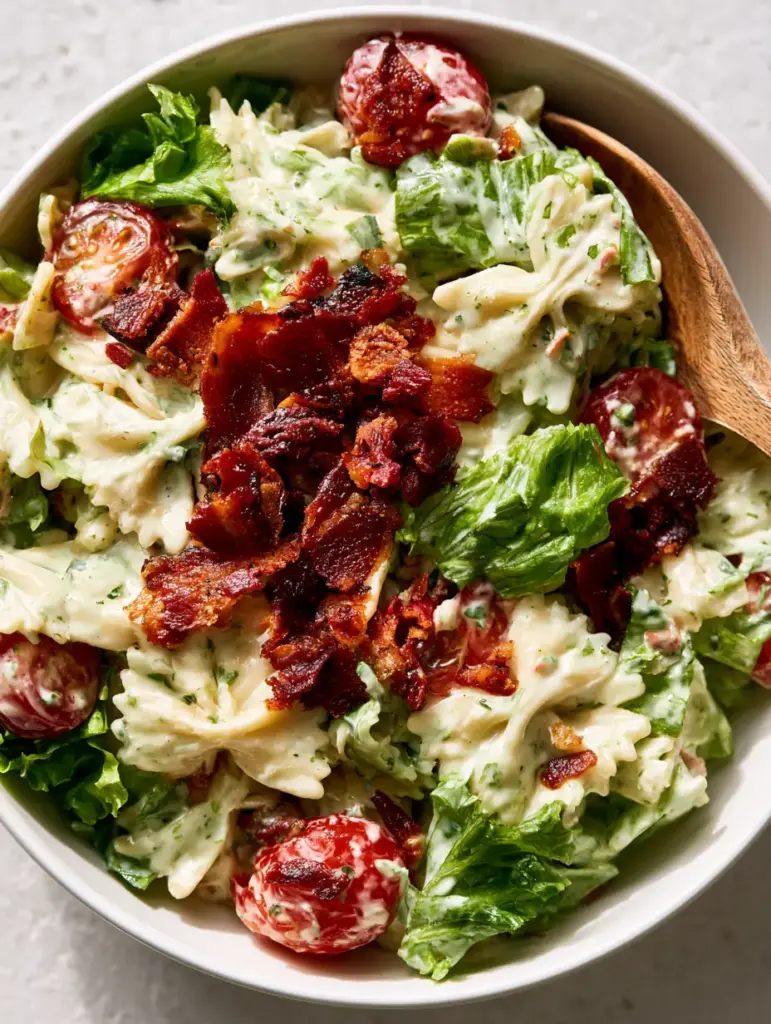 Extra-crispy dark amber thick-cut bacon crumbles scattered over a fresh pasta salad. (BLT pasta salad)