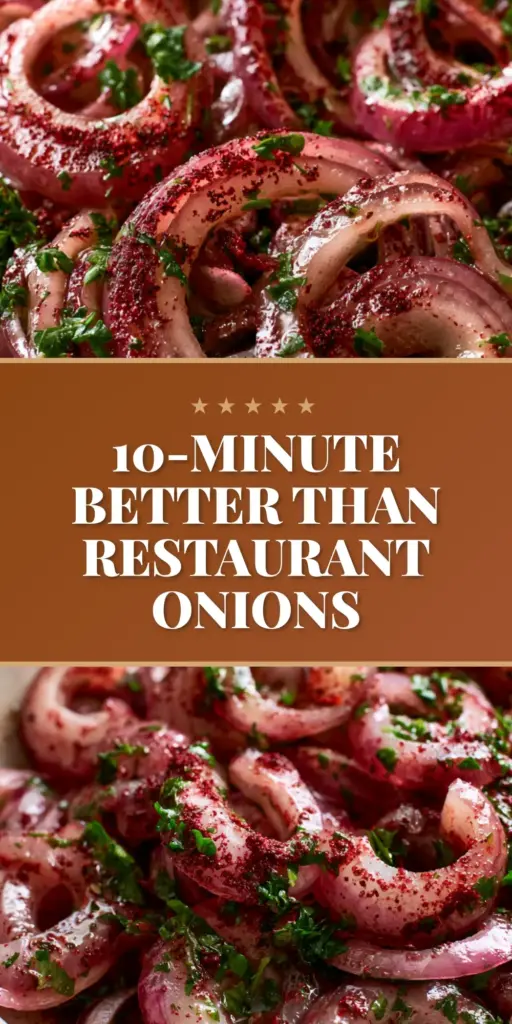 Sumac Onion Salad: The Authentic Turkish Marinated Red Onion Garnish 3 A top-down shot of sumac onion salad in a rustic white bowl featuring translucent red onion crescents, burgundy sumac, and bright green parsley.