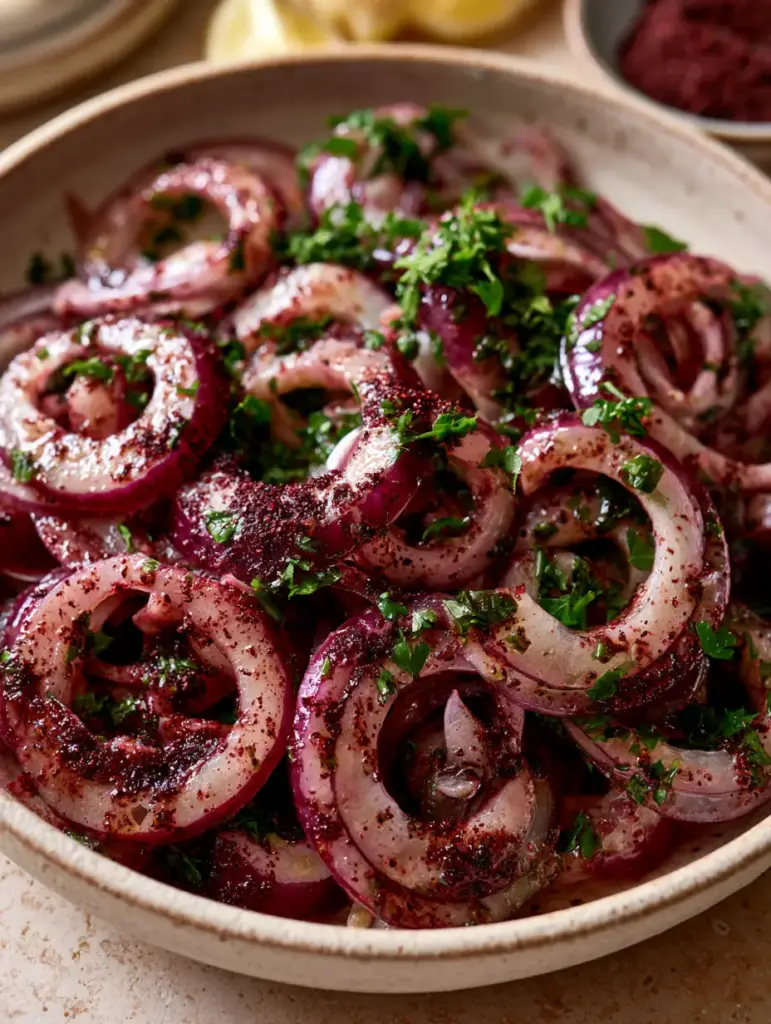 Sumac Onion Salad: The Authentic Turkish Marinated Red Onion Garnish 2 Close-up of paper-thin sliced red onions being massaged with sumac powder for a sumac onion salad.