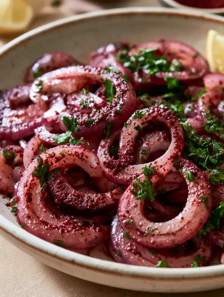 Sumac Onion Salad: The Authentic Turkish Marinated Red Onion Garnish 1 Finished sumac onion salad styled on a stone countertop with fresh lemon droplets and sea salt flakes.