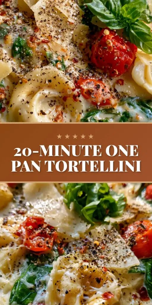 Creamy Spinach Tomato Tortellini with Blistered Tomatoes and Garlic Cream 4 A top-down shot of Creamy Spinach Tomato Tortellini in a cast iron skillet with blistered tomatoes and basil chiffonade.