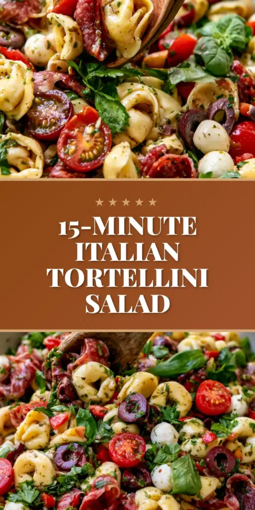 A large shallow matte white bowl filled with glossy Tortellini Pasta Salad featuring cheese tortellini, Genoa salami, and mozzarella pearls. (Tortellini Pasta Salad)