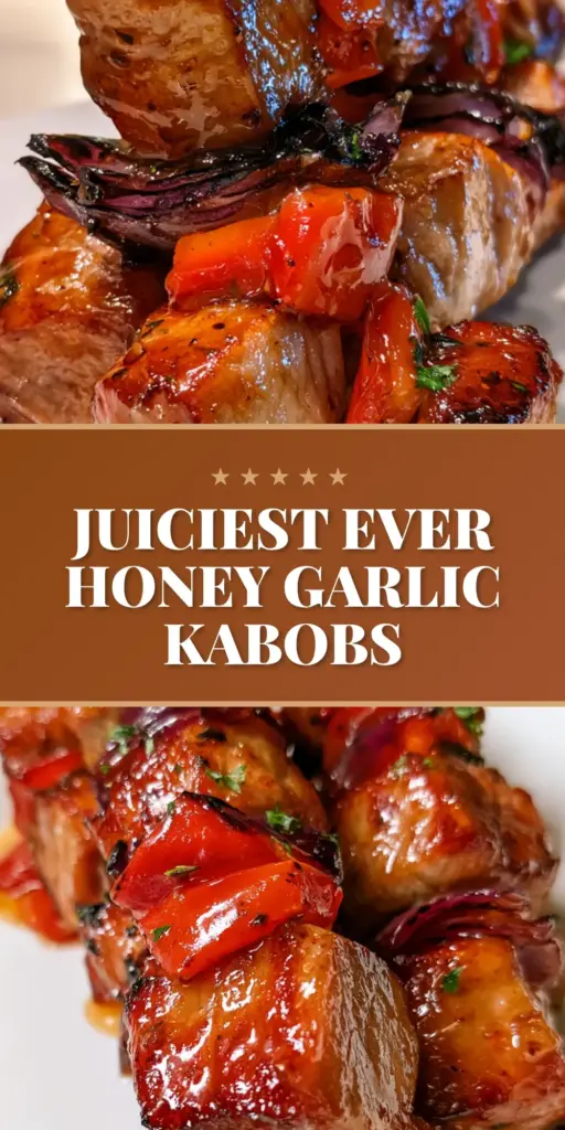 Extremely close-up of three honey garlic grilled pork kabobs with glistening glaze and charred red onions on a charcoal platter. (grilled pork kabobs)