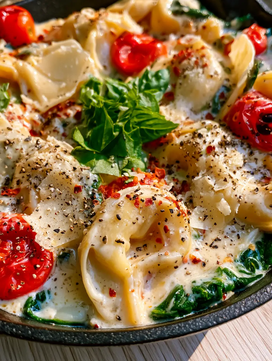 Creamy Spinach Tomato Tortellini with Blistered Tomatoes and Garlic Cream 3 Close-up macro of ivory-colored sauce and melted parmesan strings on Creamy Spinach Tomato Tortellini.