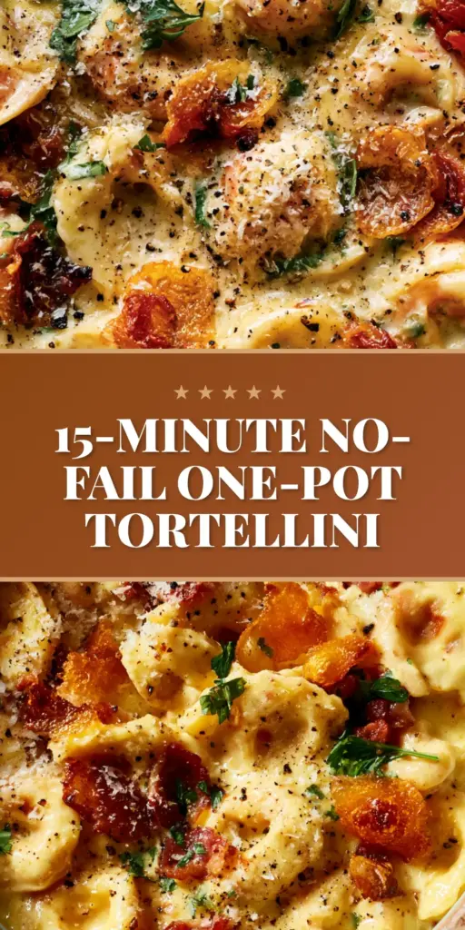 Tortellini Carbonara: The Ultimate 15-Minute Creamy Pasta Recipe 3 A shallow ceramic pot filled with glossy Tortellini Carbonara, topped with crispy pancetta, parmesan snow, and fresh parsley on a white marble surface.