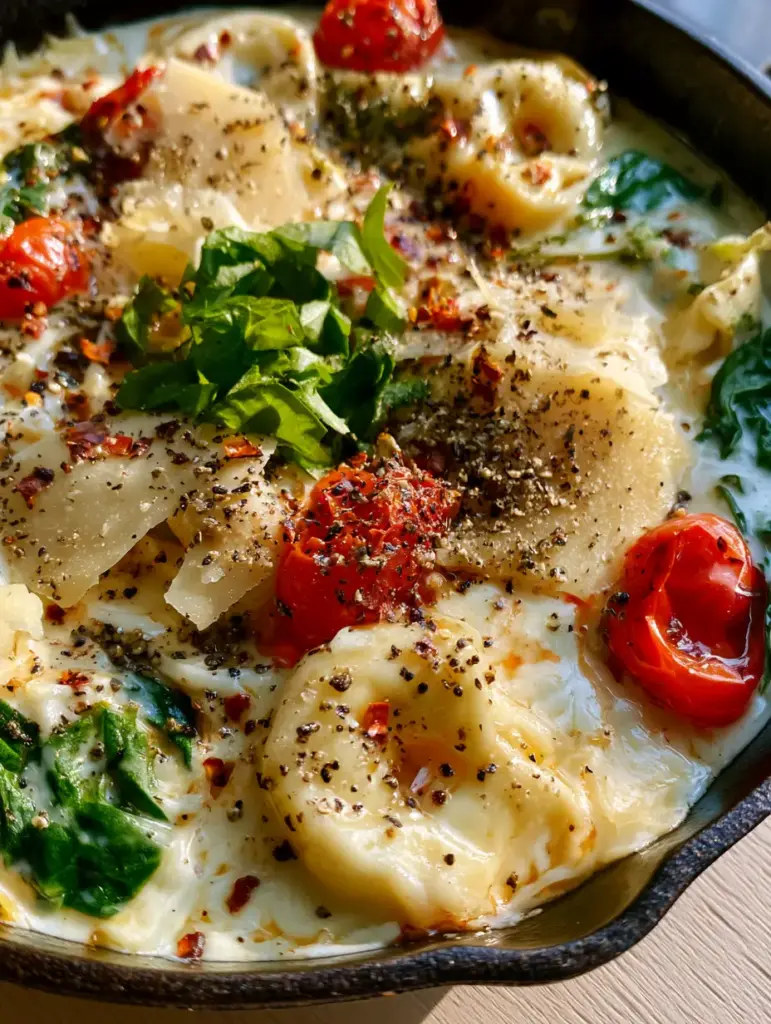 Creamy Spinach Tomato Tortellini with Blistered Tomatoes and Garlic Cream 1 Spoon lifting a cheese-filled tortellini from a skillet of Creamy Spinach Tomato Tortellini with vibrant wilted spinach.