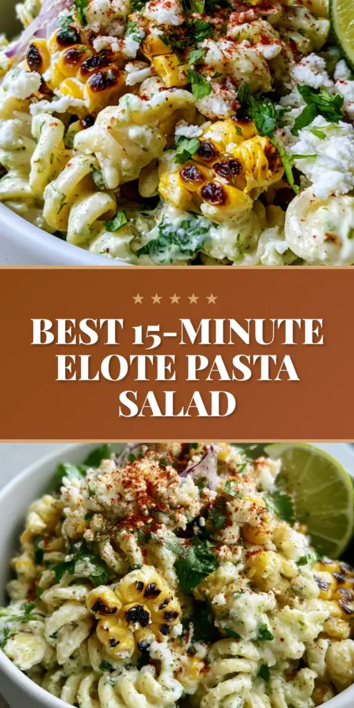 A vertical bowl of elote pasta salad featuring rotini pasta, charred corn, cotija cheese, and cilantro in a modern matte white bowl. (elote pasta salad)