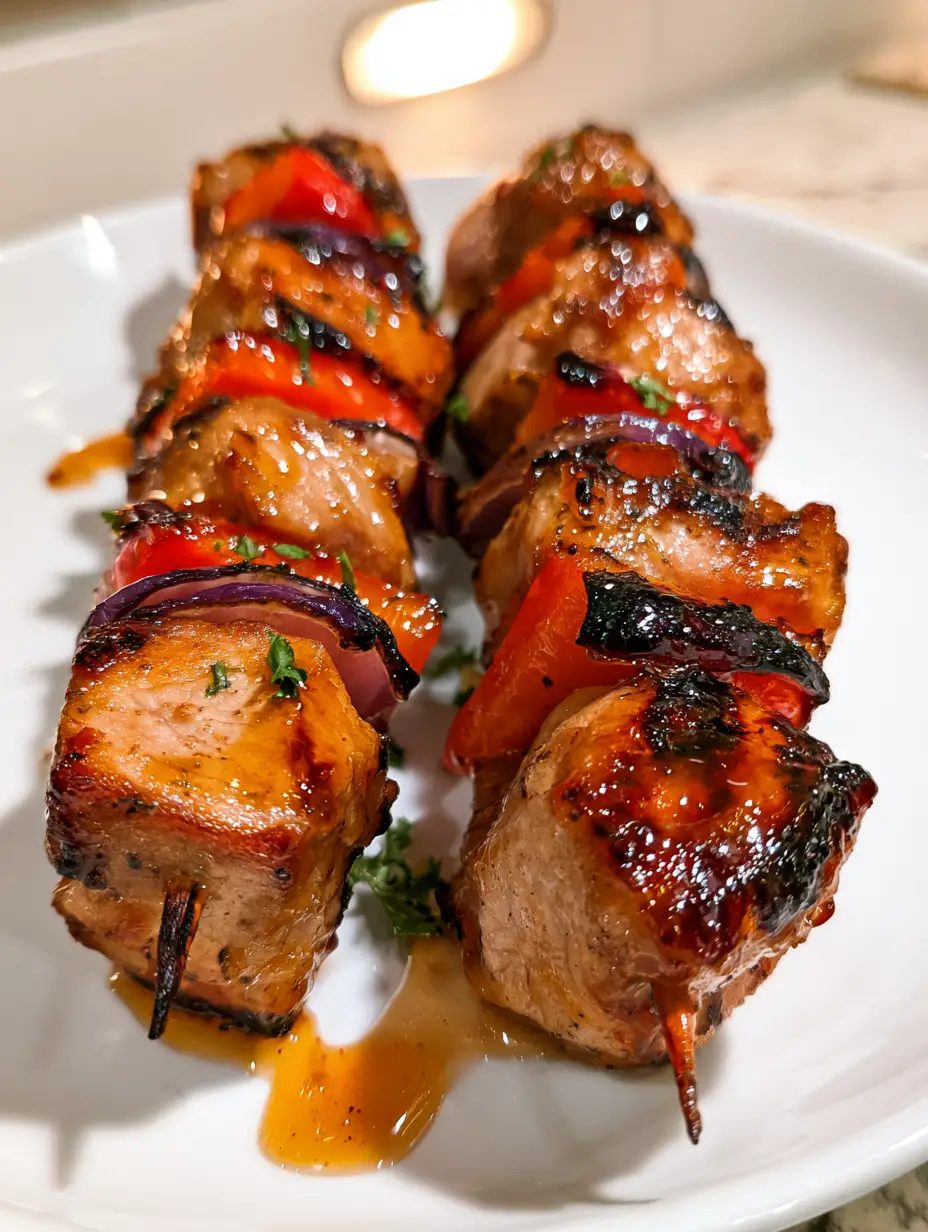 Close-up of golden-caramelized grilled pork kabobs showing juicy texture and toasted sesame seeds. (grilled pork kabobs)