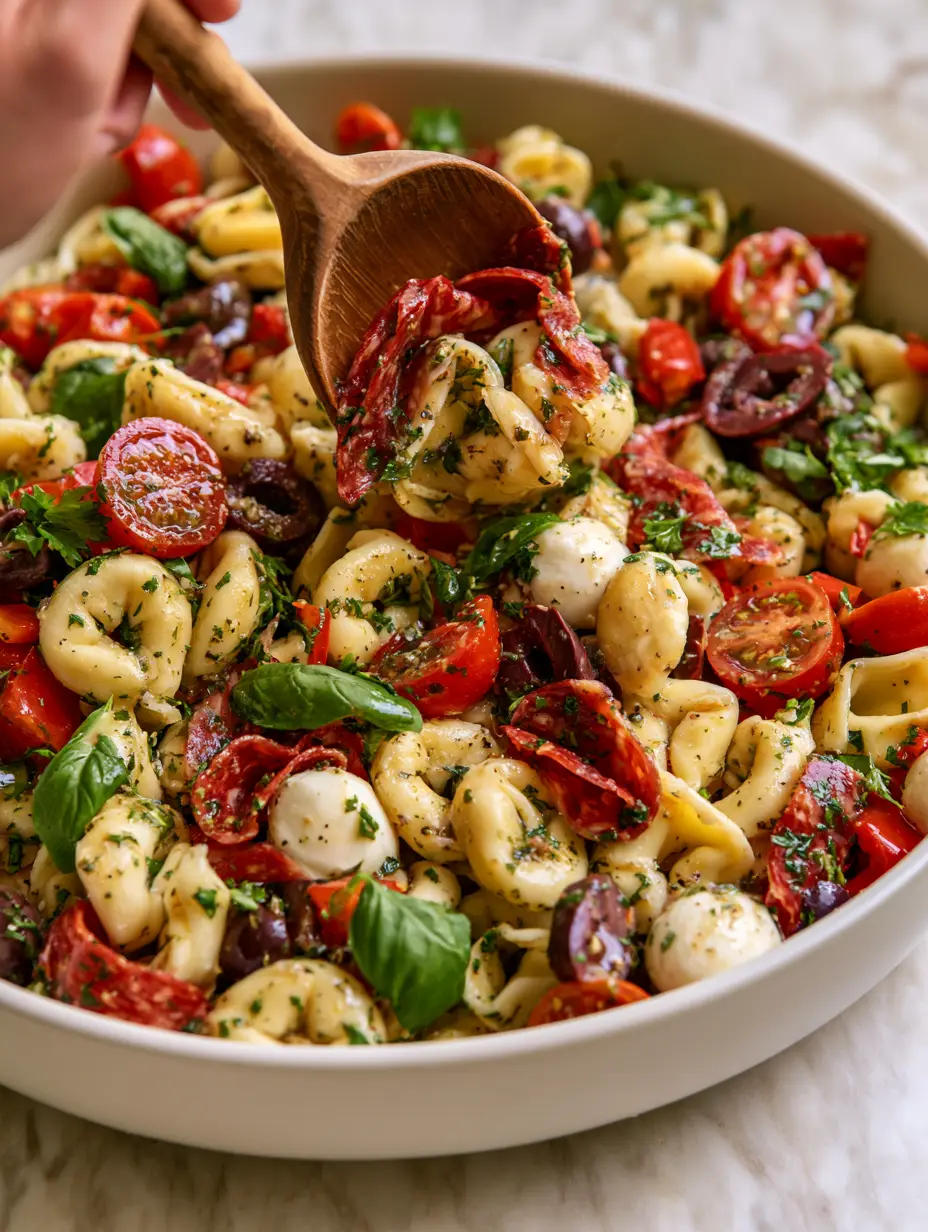 Close-up macro shot of herb-flecked tortellini and folded salami ribbons in a glossy vinaigrette. (Tortellini Pasta Salad)