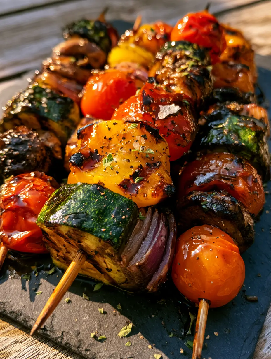 Vegetable Kabobs Recipe: The Ultimate Guide to Rainbow Charred Skewers 4 Close up of charred zucchini rounds and seared yellow bell peppers on a grill (vegetable kabobs recipe).