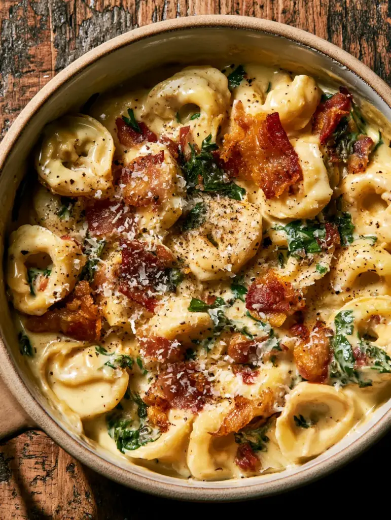 Tortellini Carbonara: The Ultimate 15-Minute Creamy Pasta Recipe 2 Close-up of plump cheese tortellini coated in a reflective pale golden egg and parmesan cream sauce. (Tortellini Carbonara)