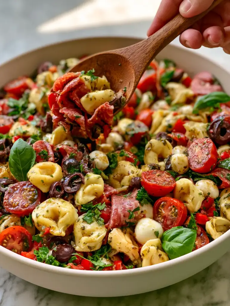 A rustic wooden spoon lifting a serving of Tortellini Pasta Salad showing the mozzarella pearls and cherry tomatoes. (Tortellini Pasta Salad)