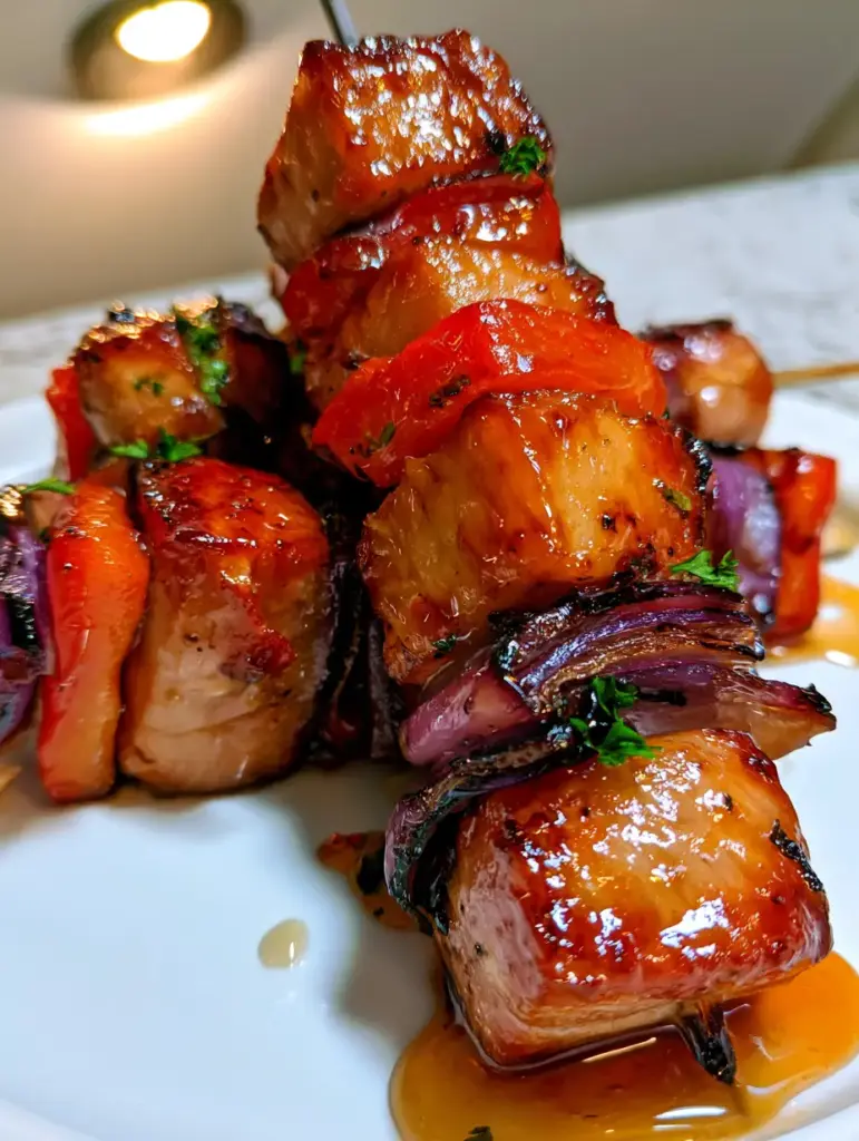 Handheld photo of grilled pork kabobs with charred purple onion petals and bright green scallions.