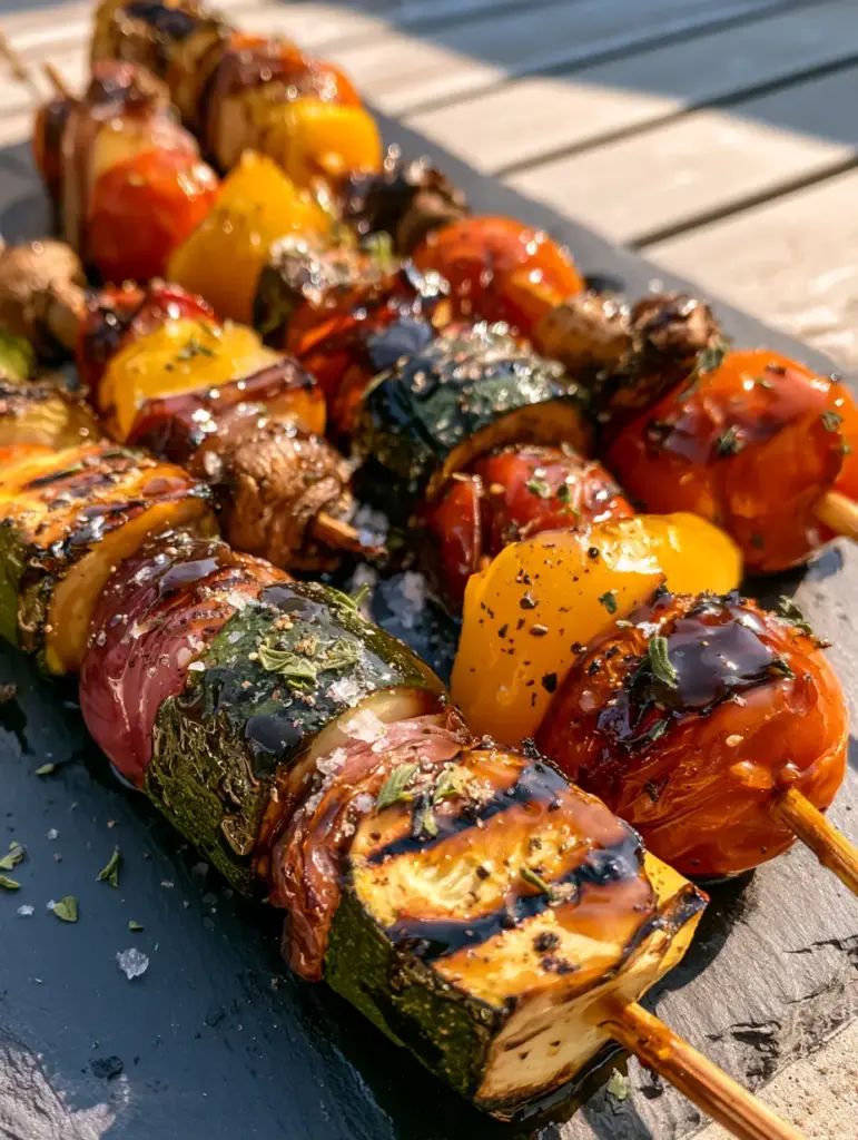 Vegetable Kabobs Recipe: The Ultimate Guide to Rainbow Charred Skewers 1 Balsamic glaze being brushed onto a vegetable skewer with visible oregano flecks (vegetable kabobs recipe).