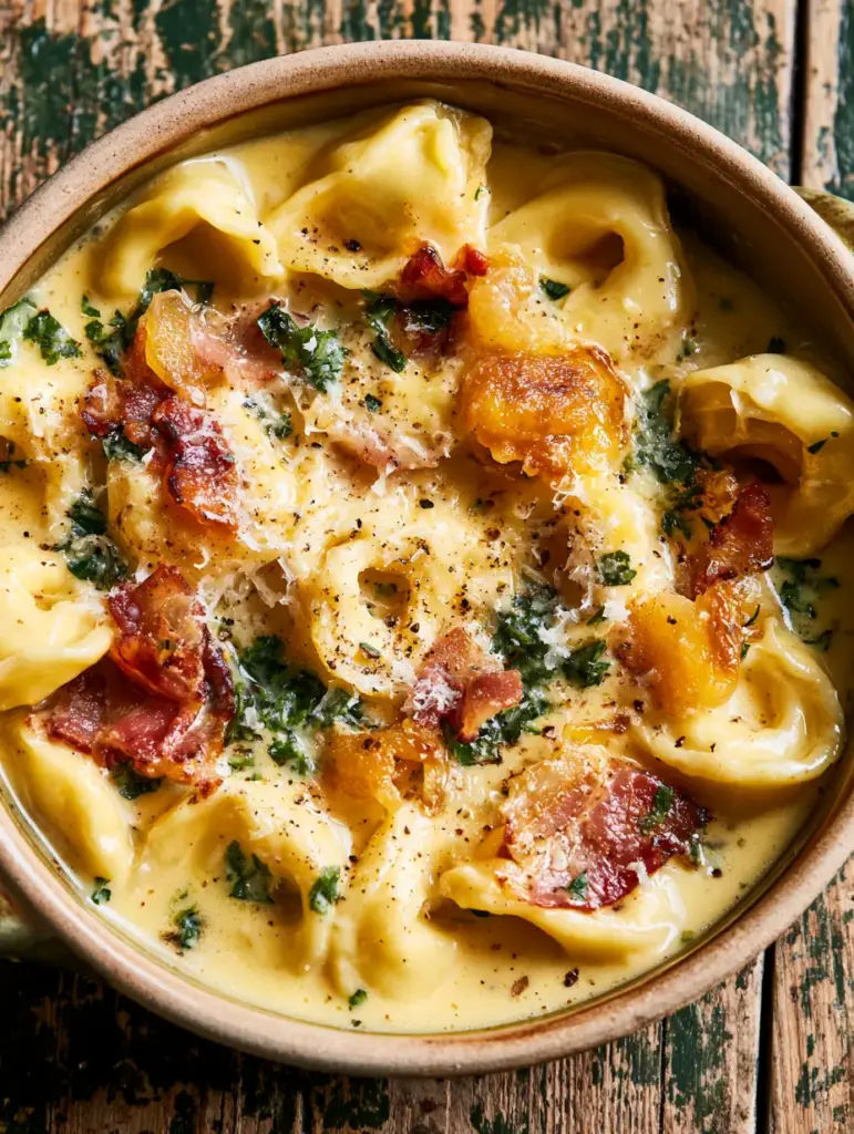 Tortellini Carbonara: The Ultimate 15-Minute Creamy Pasta Recipe 1 Crispy seared pancetta cubes and emerald-green parsley scattered over Tortellini Carbonara in a matte cream pot.