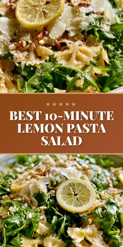 Lemon Arugula Pasta Salad with Shaved Parmesan and Pine Nuts 4 Overhead macro shot of a lemon arugula pasta salad in a ceramic bowl with farfalle, parmesan shavings, and pine nuts.