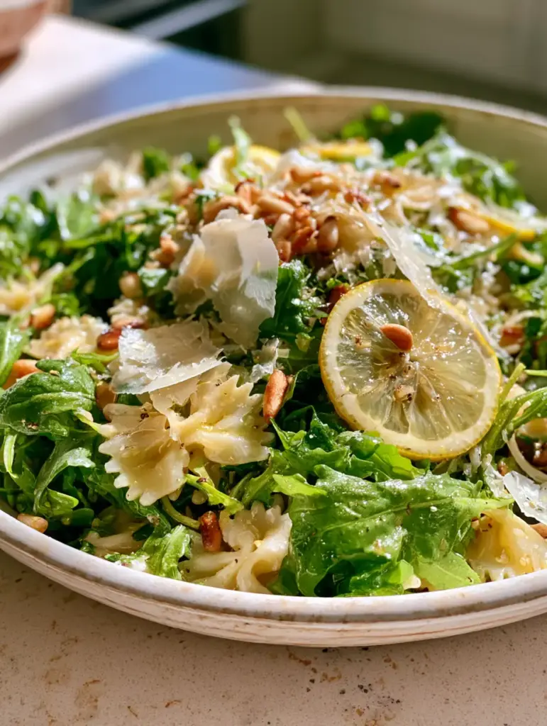 Lemon Arugula Pasta Salad with Shaved Parmesan and Pine Nuts 2 Close-up of al dente farfalle pasta coated in a glossy lemon vinaigrette with fresh arugula clusters. (lemon arugula pasta salad)