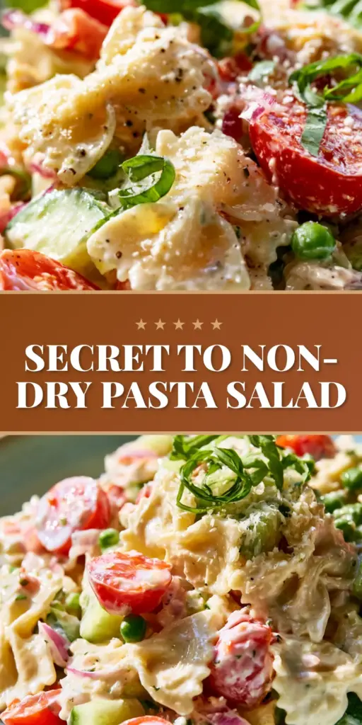 A top-down close-up of a creamy pasta salad with bow tie pasta, glossy dressing, and fresh basil in a white bowl. (creamy pasta salad)