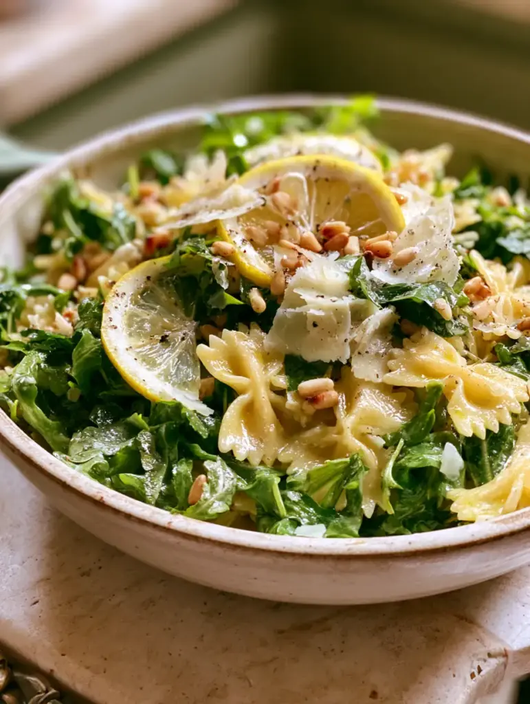 Lemon Arugula Pasta Salad with Shaved Parmesan and Pine Nuts 1 Large jagged shavings of aged parmesan and toasted pine nuts on top of a lemon arugula pasta salad.