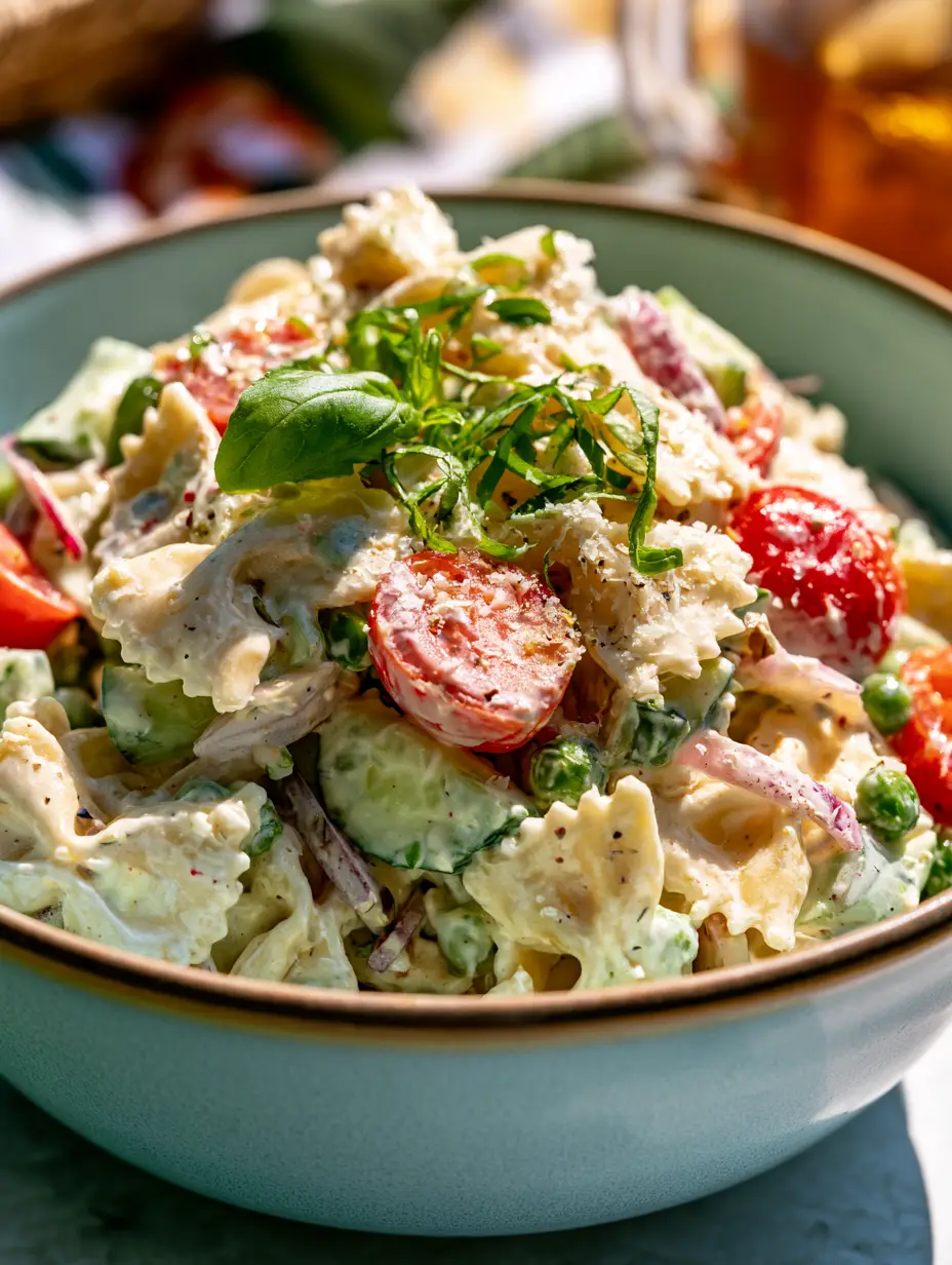 Close-up of fresh cherry tomatoes and cucumbers being mixed into a creamy pasta salad. (creamy pasta salad)