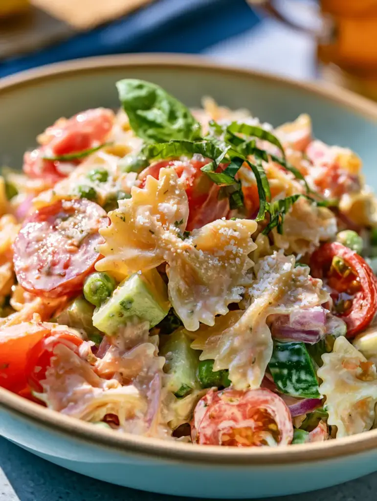 Spoon lifting a portion of bow tie pasta coated in thick white cream dressing. (creamy pasta salad)