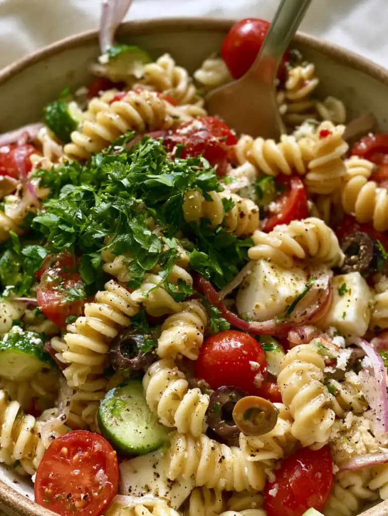 The Ultimate Italian Pasta Salad Recipe: A Vibrant Zesty Crowd-Pleaser 2 Close-up of al dente rotini pasta spirals coated in herb-flecked zesty Italian dressing. (Italian pasta salad recipe)