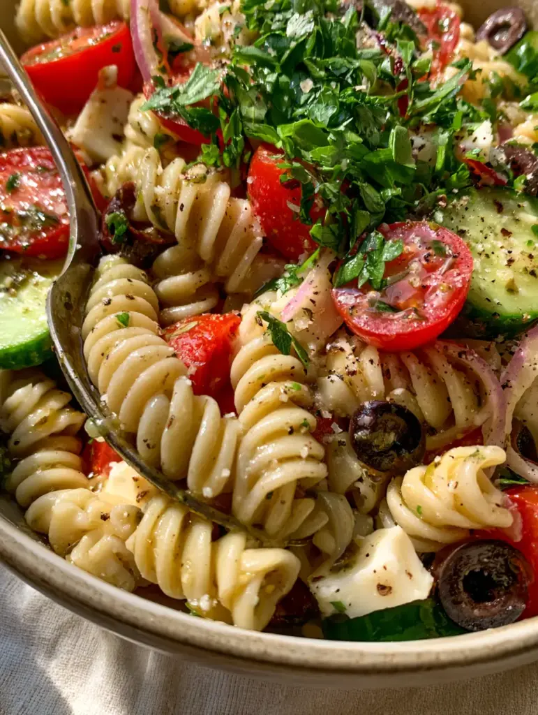 The Ultimate Italian Pasta Salad Recipe: A Vibrant Zesty Crowd-Pleaser 1 Detailed shot of fresh mozzarella cubes, red onion slivers, and black olive rings in a pasta salad bowl.