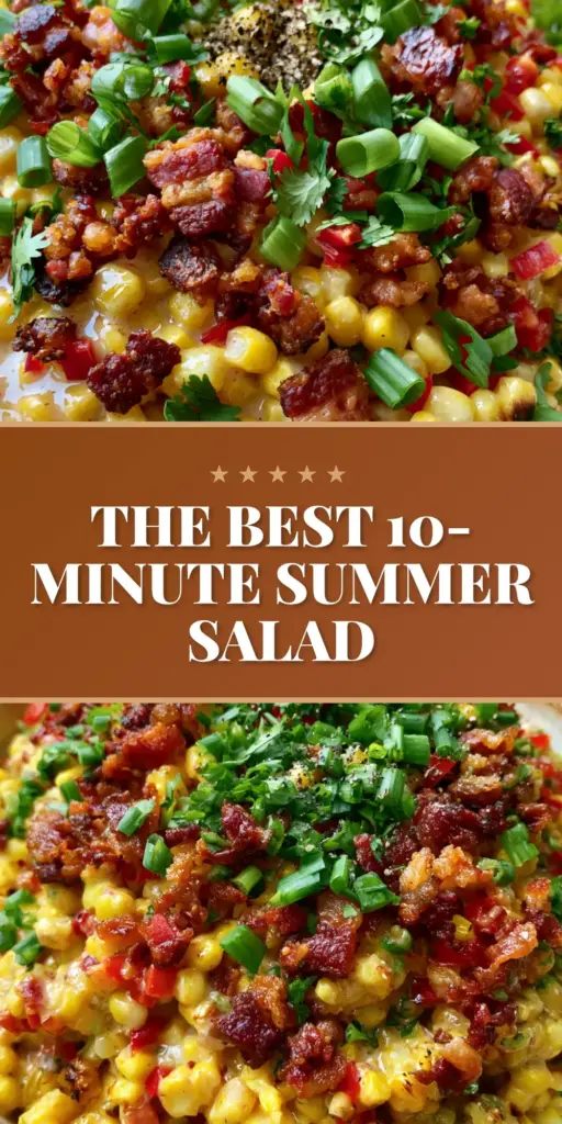 Bacon and Corn Salad with Creamy Lime Dressing 4 A top-down view of a vibrant Bacon and Corn Salad in a white bowl, featuring charred corn, mahogany bacon, and green onions.