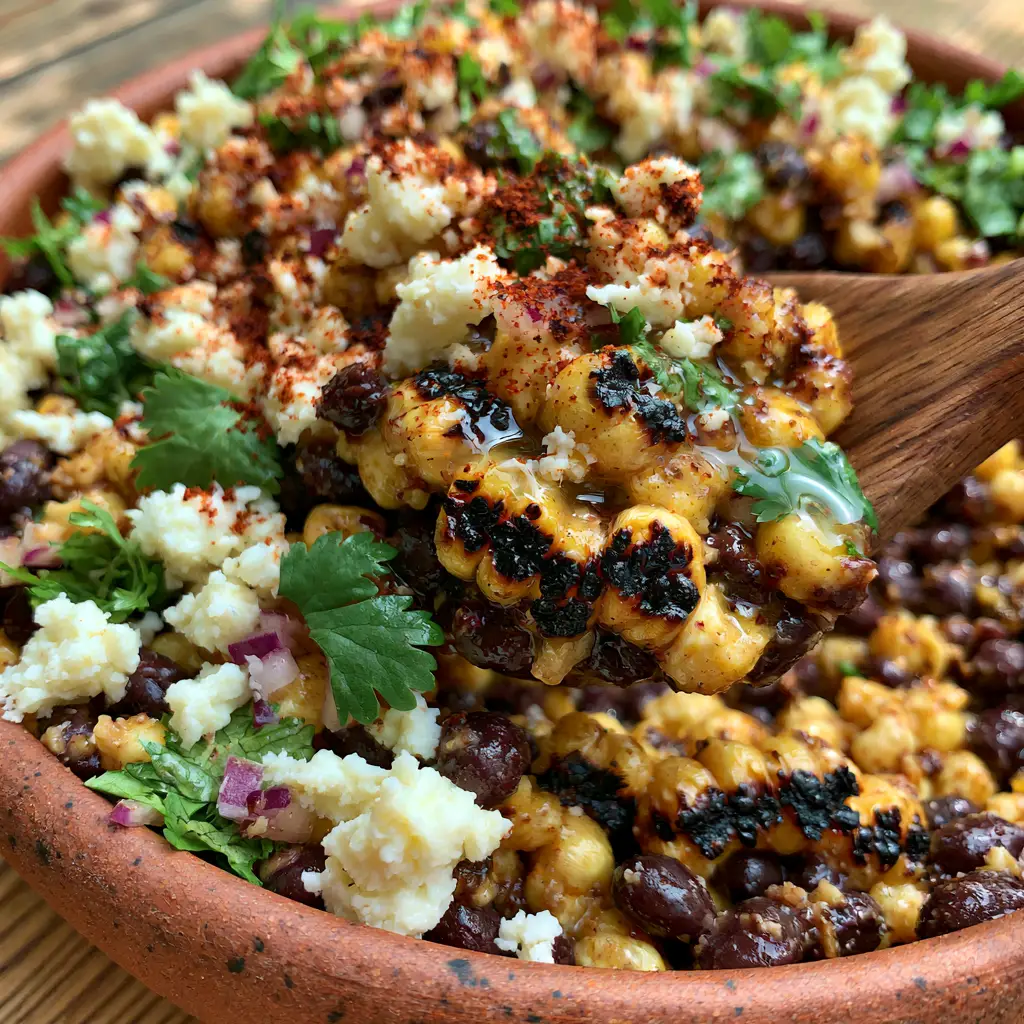 Detailed shot of a wooden spoon lifting a portion of Charred Corn and Black Bean Salad from a rustic bowl.