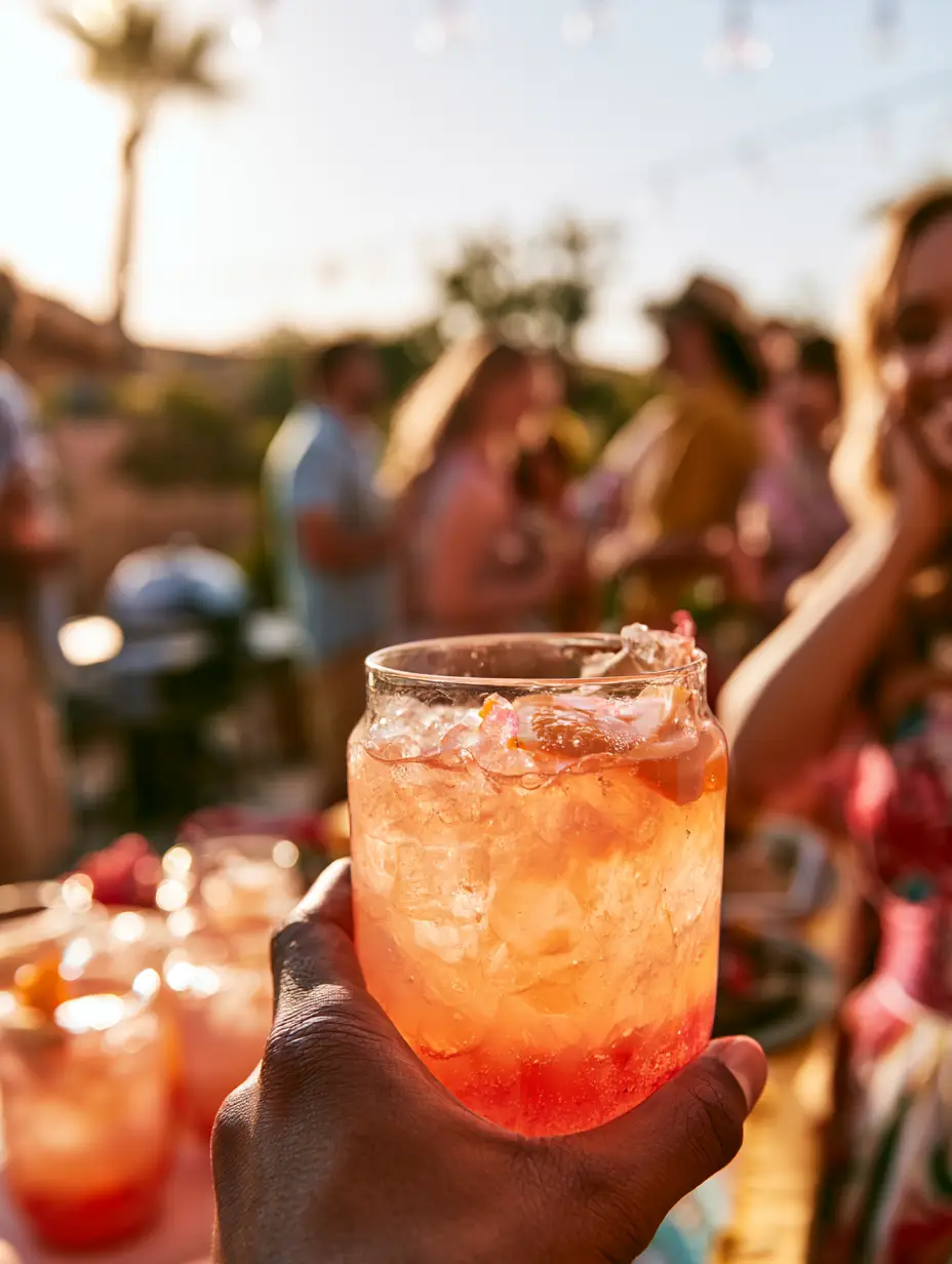 Malibu Bay Breeze Cocktail: The Ultimate Layered Tropical Escape 3 Close-up of the translucent crimson cranberry float on top of a Malibu Bay Breeze Cocktail with artisanal jagged ice.
