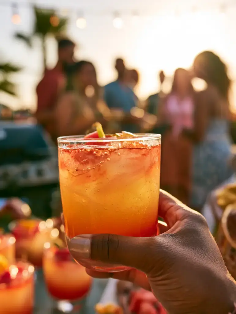 Malibu Bay Breeze Cocktail: The Ultimate Layered Tropical Escape 1 Side view of a Malibu Bay Breeze Cocktail showing the transition from golden pineapple to vibrant red against a sun-drenched pool background.