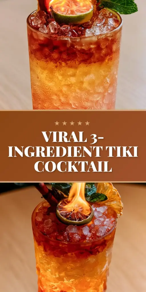 The Tiki Torch Cocktail: A Flaming Tropical Masterpiece for Golden Hour 4 A vibrant The Tiki Torch cocktail in an amber glass featuring a red and golden gradient with a flaming lime garnish.