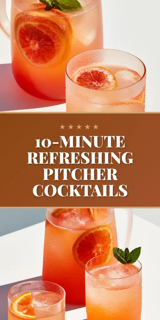 A tall frosted pitcher of vibrant sunset-orange and pink pool cocktails layered with muddled raspberries and Cara Cara oranges.