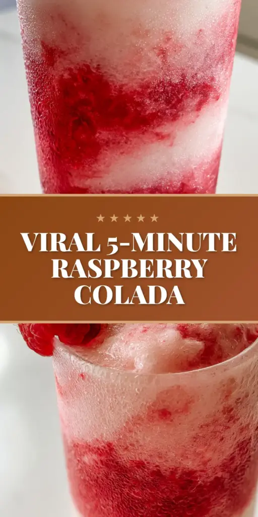 The Ultimate Raspberry Colada Twist: A Layered Tropical Masterpiece 4 A tall fluted crystal glass showcasing a layered Raspberry Colada Twist with a vibrant magenta swirl and snowy white coconut base, garnished with fresh raspberries and toasted coconut.