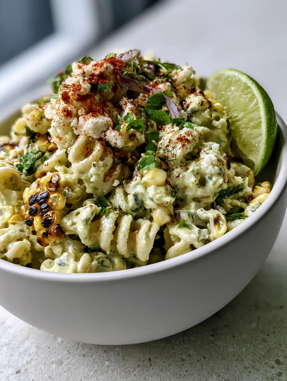 Macro photo of elote pasta salad with glossy pale-green dressing and charred golden corn kernels. (elote pasta salad)