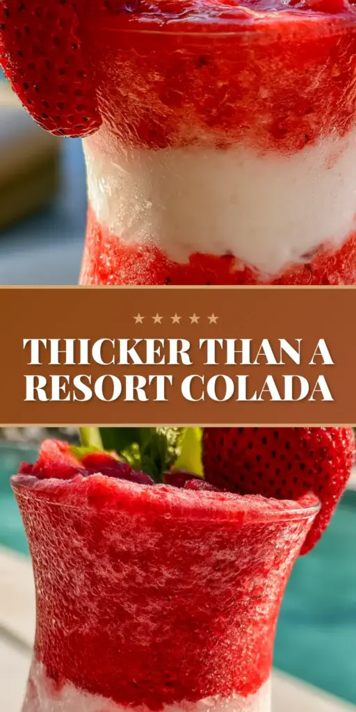 Strawberry Colada: The Ultimate Layered Frozen Tropical Treat 4 A tall hurricane glass with a double-layered strawberry colada, red strawberry puree on the bottom and white coconut cream on top, garnished with a whole strawberry and pineapple wedge. (strawberry colada)