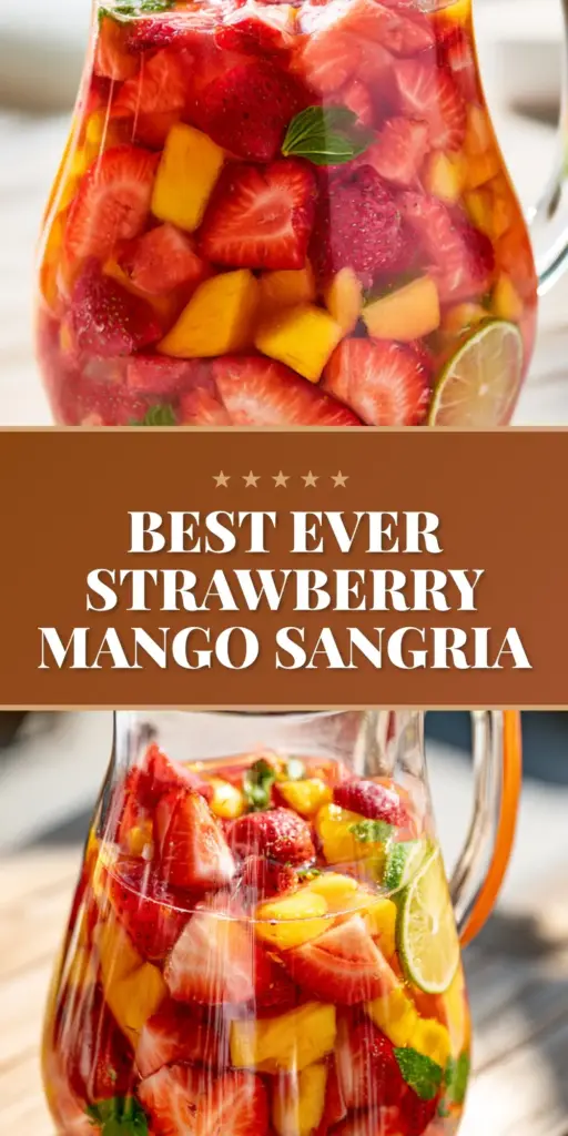 A refreshing glass and pitcher of Strawberry Mango Sangria with sliced strawberries, mango cubes, and lime wheels on a marble surface.