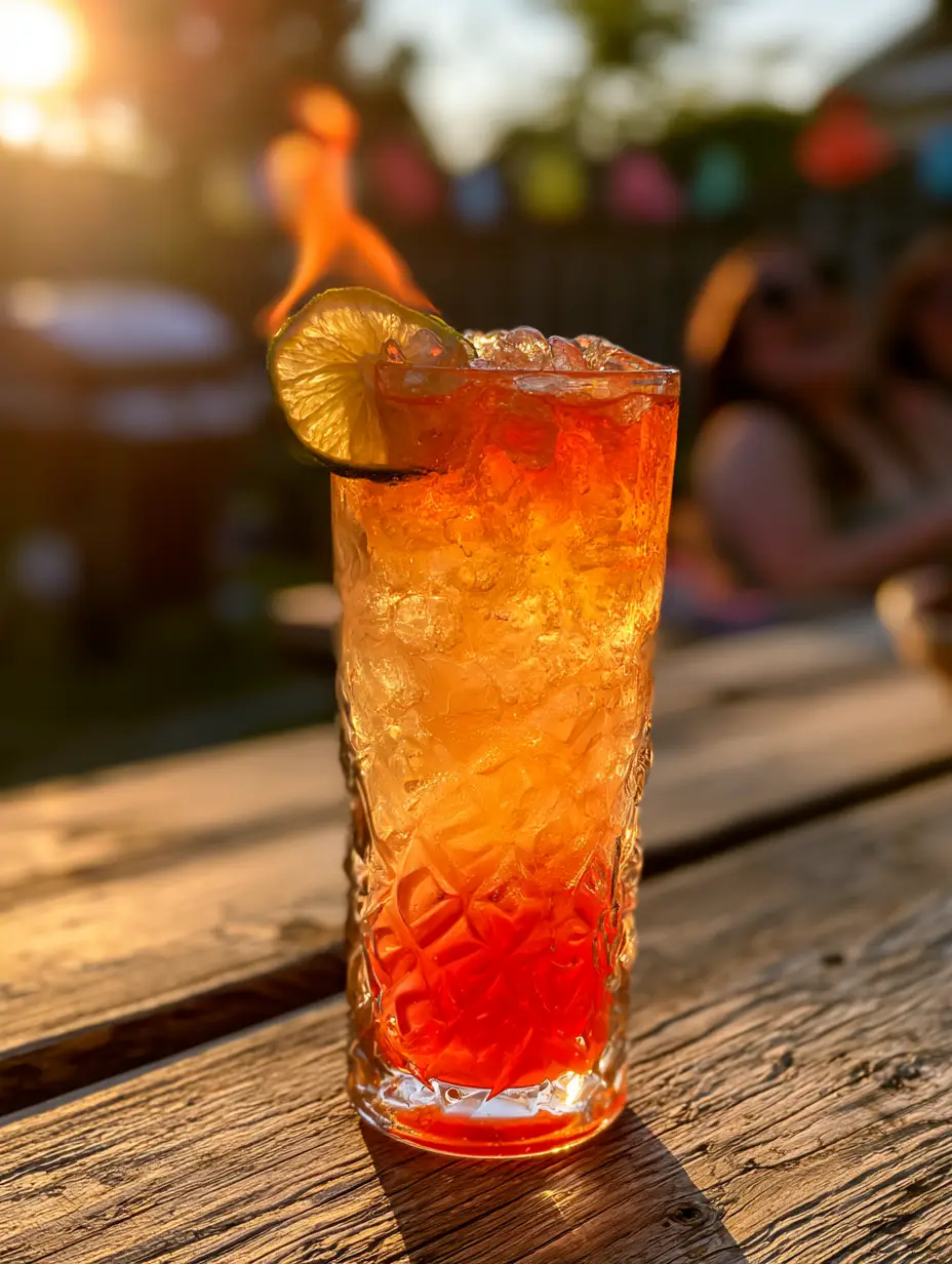 The Tiki Torch Cocktail: A Flaming Tropical Masterpiece for Golden Hour 3 Close up of The Tiki Torch cocktail with heavy condensation and sparkling crushed ice.