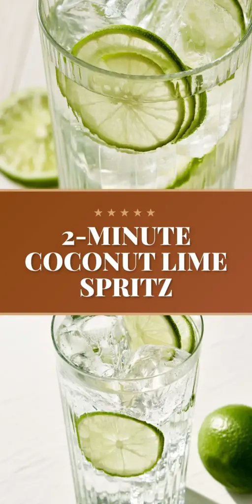 A tall ribbed glass of Coconut Spritz with lime wheels, mint, and clear ice cubes on a stone surface. (Coconut Spritz)